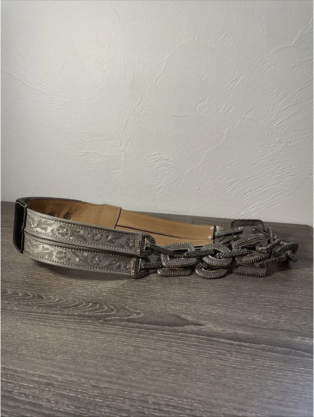 Streets Ahead Belt Vtg Silver Tone Metal Floral Mesh & Chain Links Leather 28-30